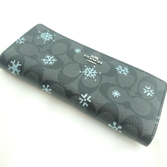 Coach Womens Graphite Snowflake Print Signature Canvas Bifold Slim Wallet - Picture 1 of 13